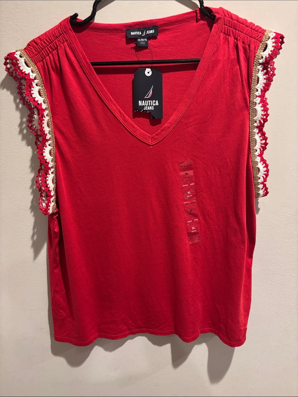 Nautica Red V‑Neck Tank with Crochet Trim